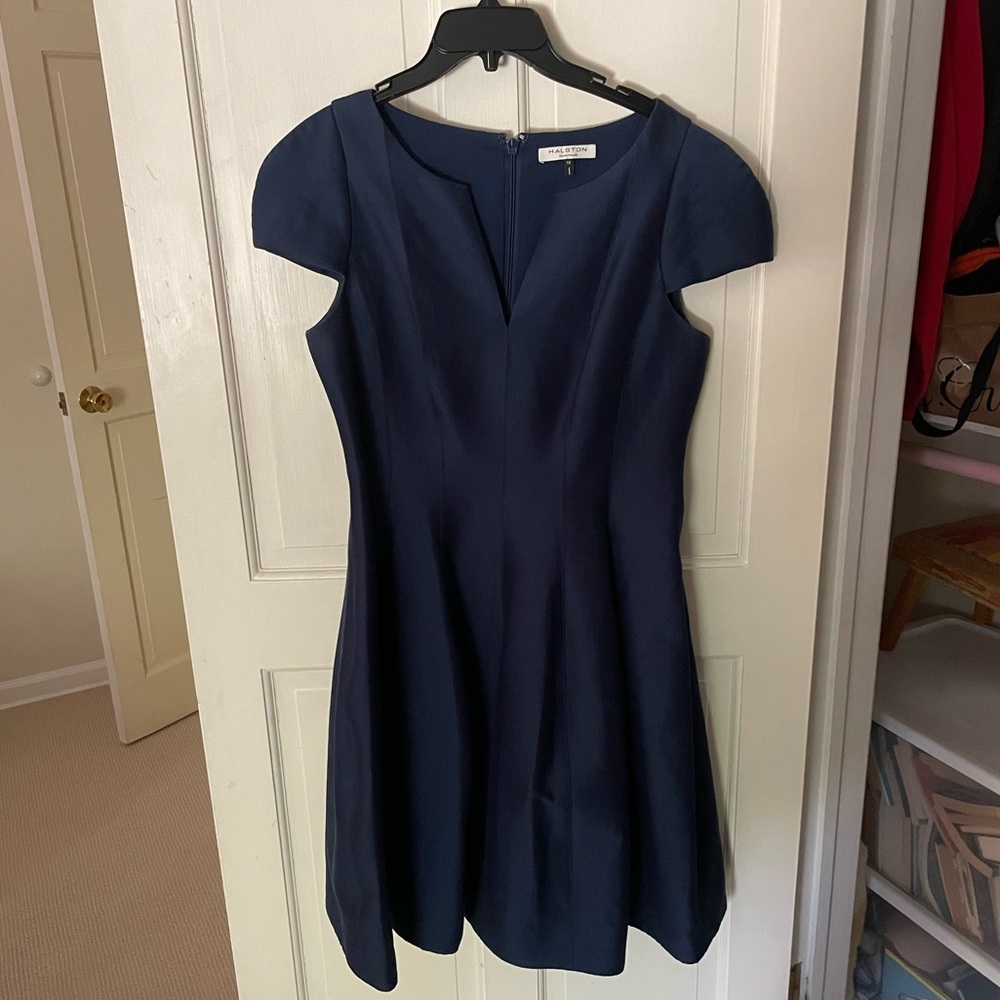 Halston Heritage navy blue mid length structured dress